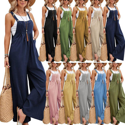 Cheky - Women Long Bib Pants Overalls Casual Loose Rompers Jumpsuits With Pockets