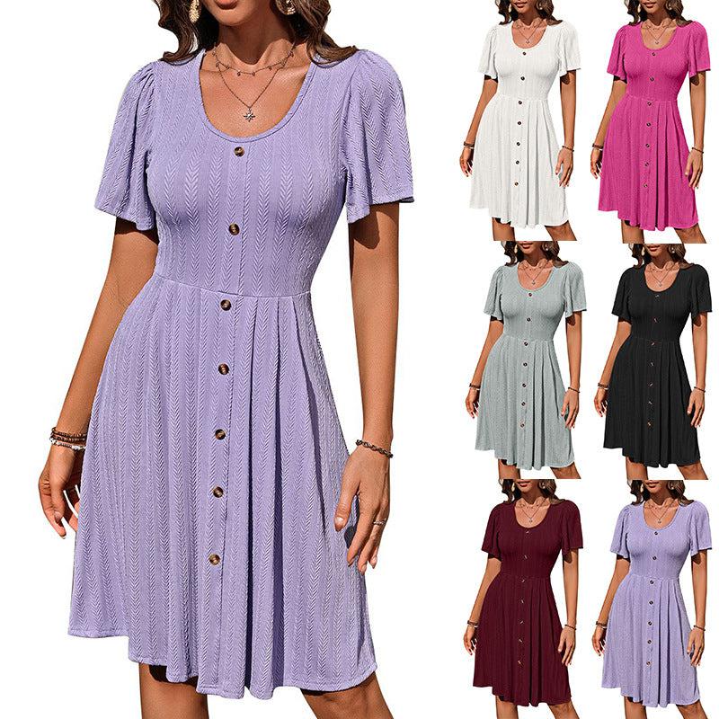 Cheky - Summer U-neck Short-sleeved Dress With Button Design Fashion Casual Solid Color Holiday Dress For Womens Clothing