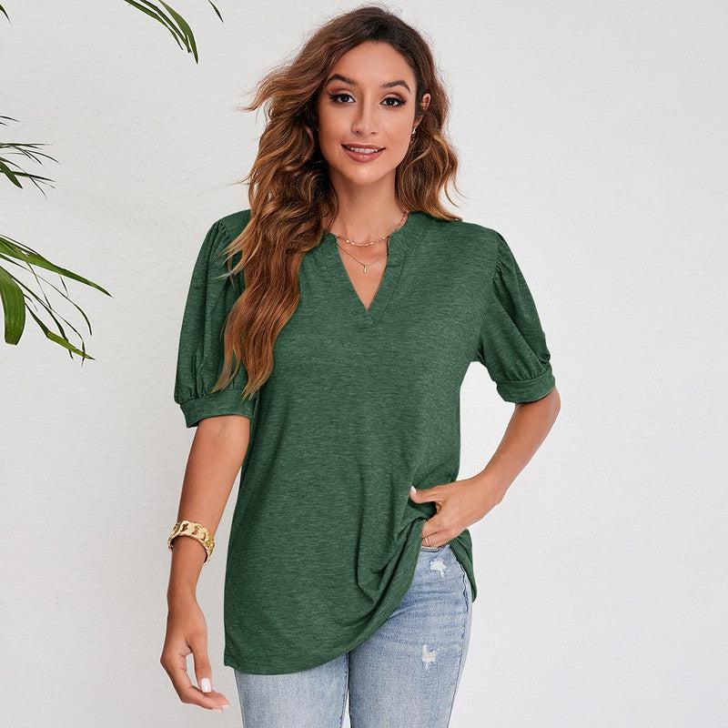 Cheky - Women's Pleated Puff Sleeve Tops Summer V Neck T Shirts Casual Loose Blouses