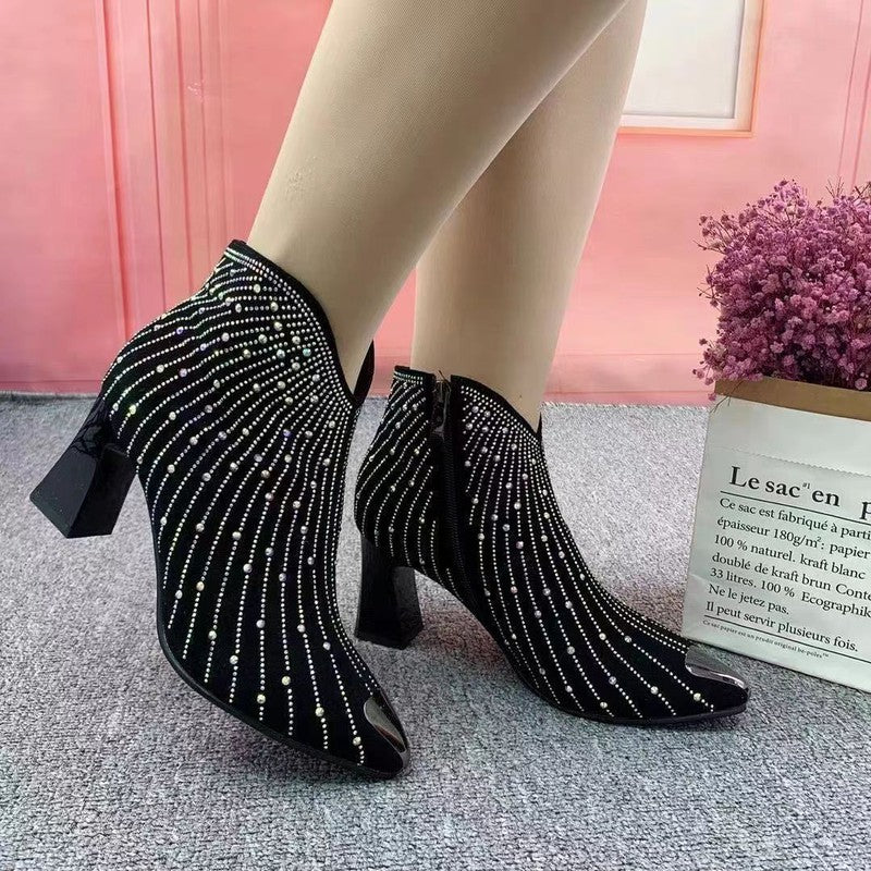 Cheky - New Pointed Toe Anti-collision High Heel Starry Rhinestone Booties Women