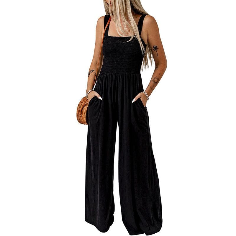 Cheky - Summer Square Neck High Waist Jumpsuit Women's Backless Pleated Design Wide Leg Trousers Clothing