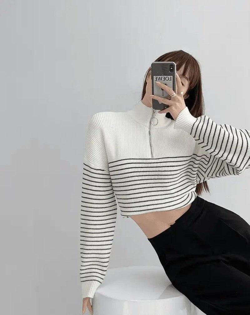 Cheky - Black And White Striped Zipper Half High Neck Sweater Retro