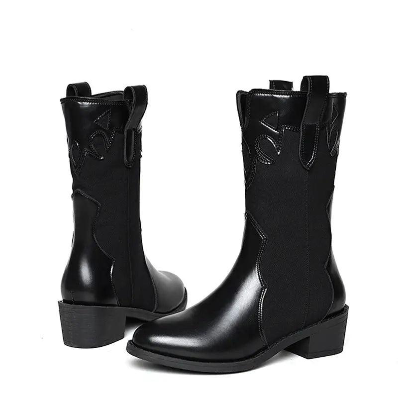 Cheky - Black White Cowboy Boots Women Low Heel Mid Calf Shoes