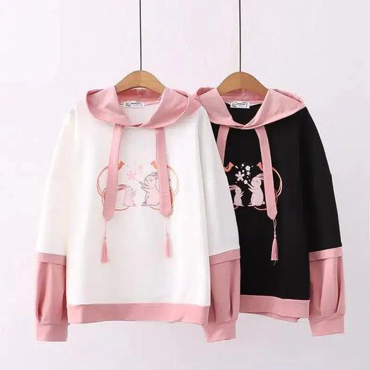 Cheky - Cartoon Double Rabbit Print Hooded Student Hoodie