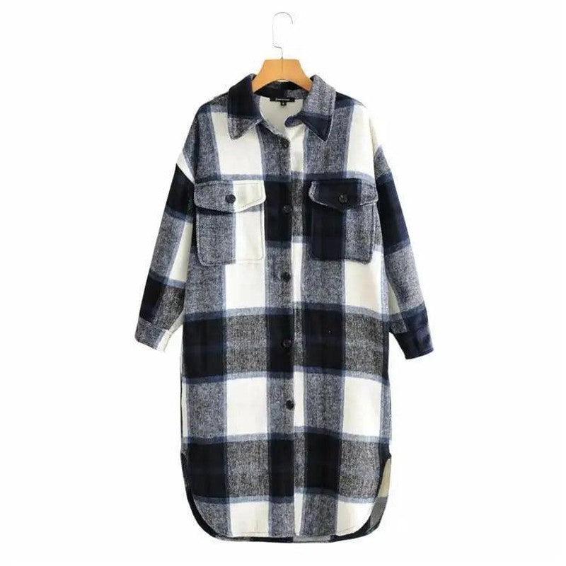 Cheky - Contrasting Plaid Casual Fashion Simple Long Woolen Coat