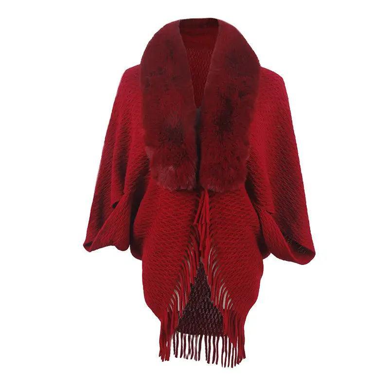 Cheky - Drizzling Fur Collar Knitted Tassel Cape Coat Women