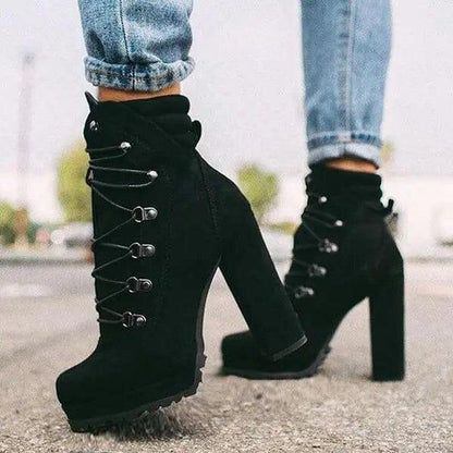 Cheky - Heeled Boots For Women Round Toe Lace UP High Heels Boots