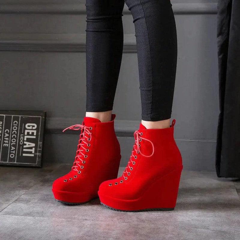 Cheky - High-heeled Sponge Cake Was Thin Suede Lace-up Martin Boots Women