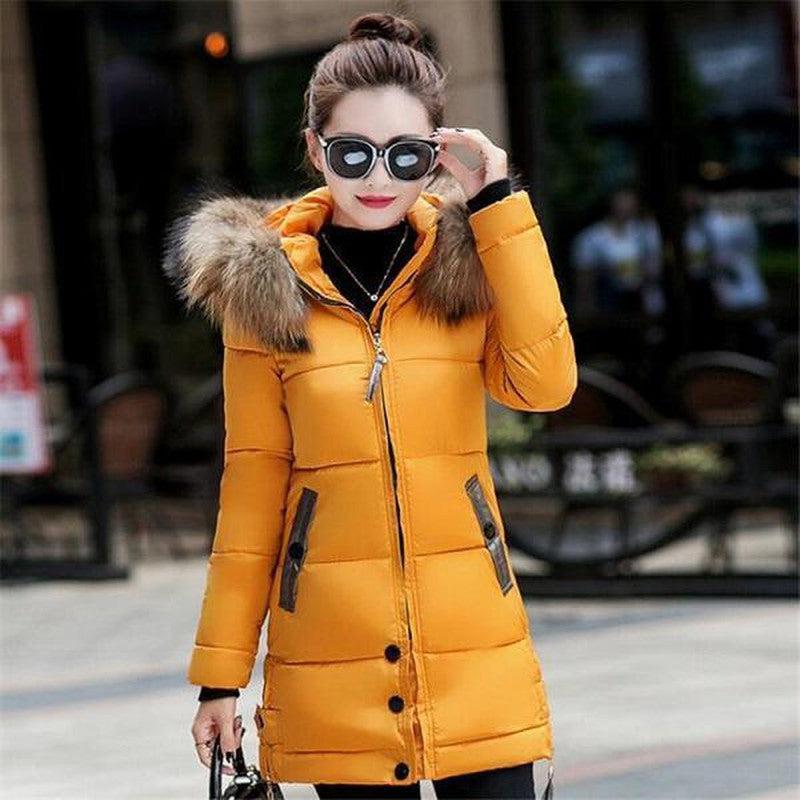 Cheky - Hooded large fur collar cotton coat