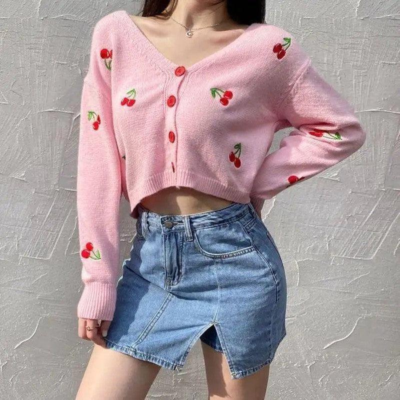 Cheky - Knit Sweater Women Cherry Embroidery All-match V-neck