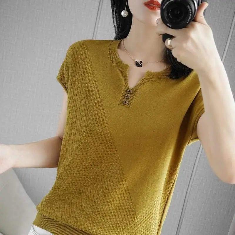 Cheky - Knitted Three-button Half-sleeved Pullover Short-sleeved