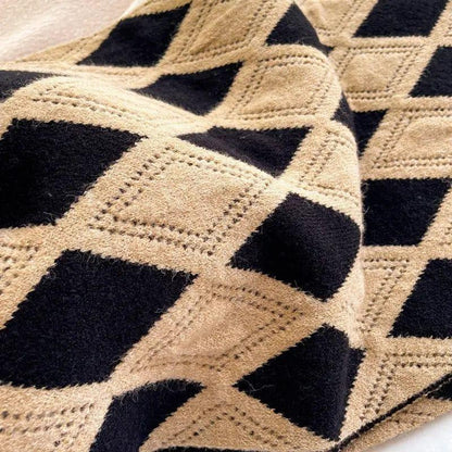 Cheky - Knitted Wool Small Scarf Women Camel Rhombus Thickened Warm