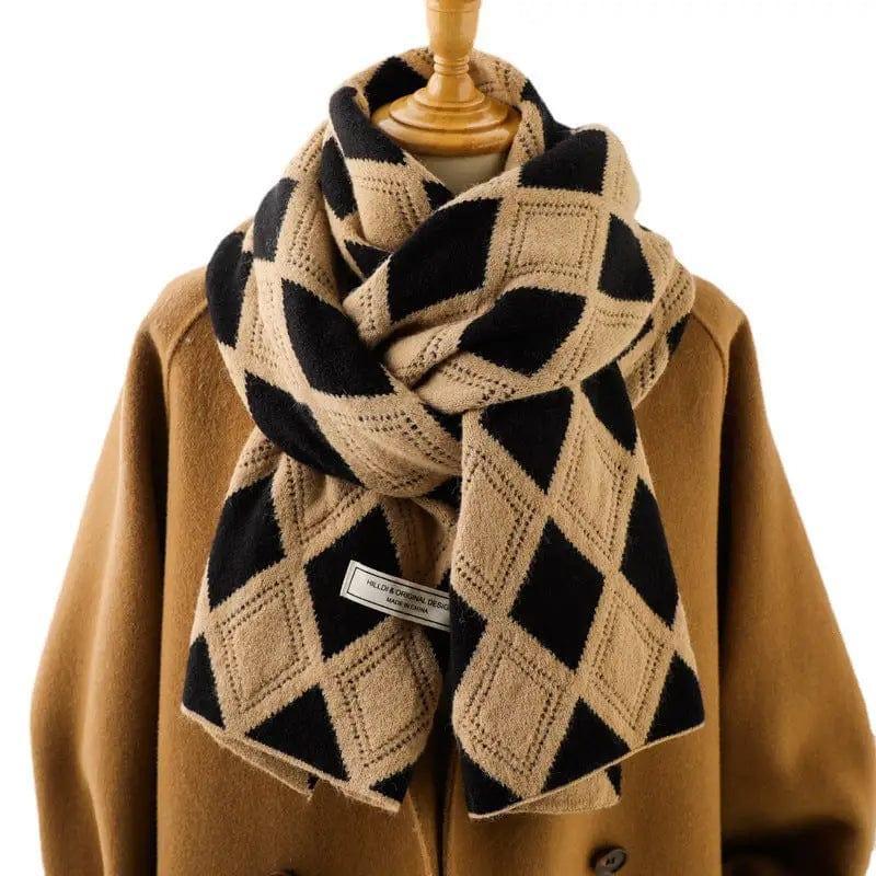 Cheky - Knitted Wool Small Scarf Women Camel Rhombus Thickened Warm