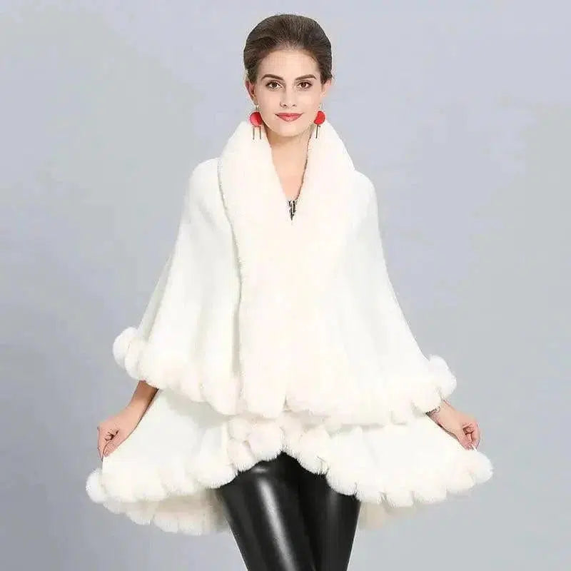 Cheky - Loose Fox Fur Collar Double-layer Knitted Shawl Cloak Coat