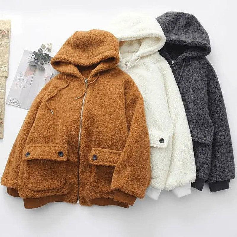 Cheky - Loose Hooded Warm Lamb Fur Jacket