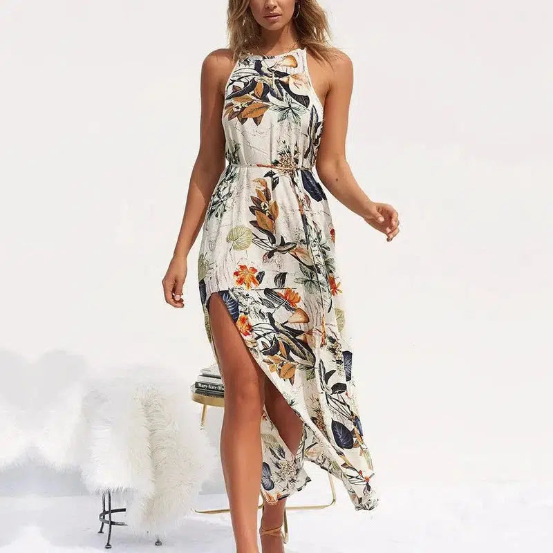 Cheky - European and American sling cotton printed long beach dress