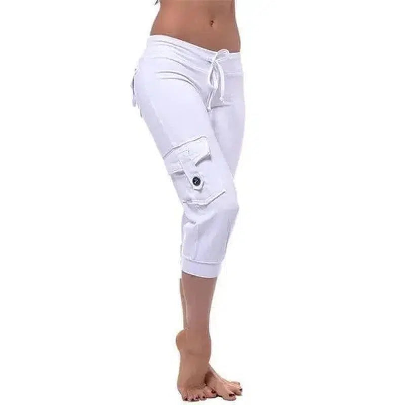 Cheky - Yoga cropped pants with elastic waist button pockets