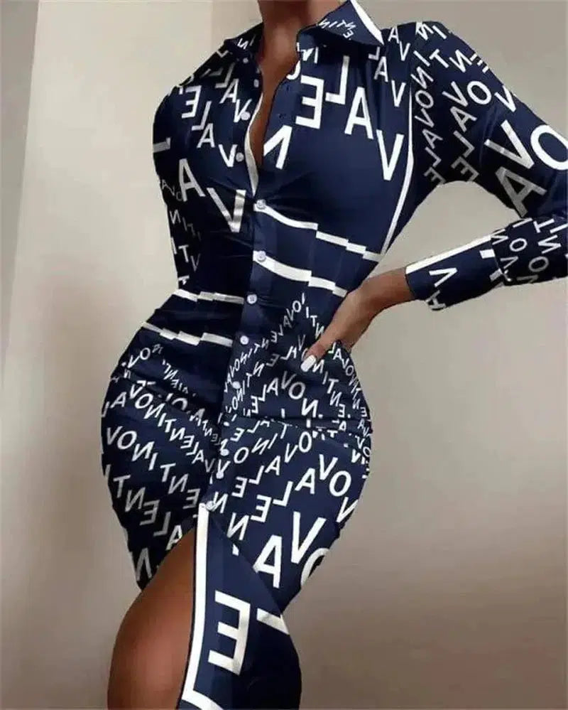 Cheky - Long-sleeved Waist Printed Shirt Dress