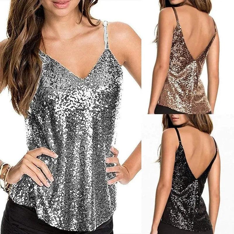 Cheky - Silver sequined sexy vest halter top