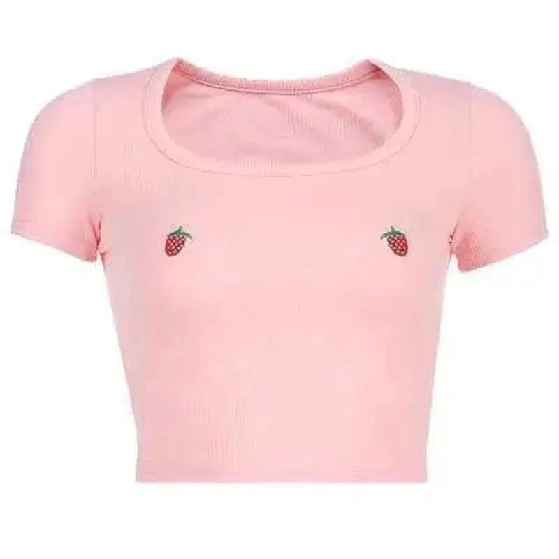 Cheky - Open-neck strawberry embroidered T-shirt