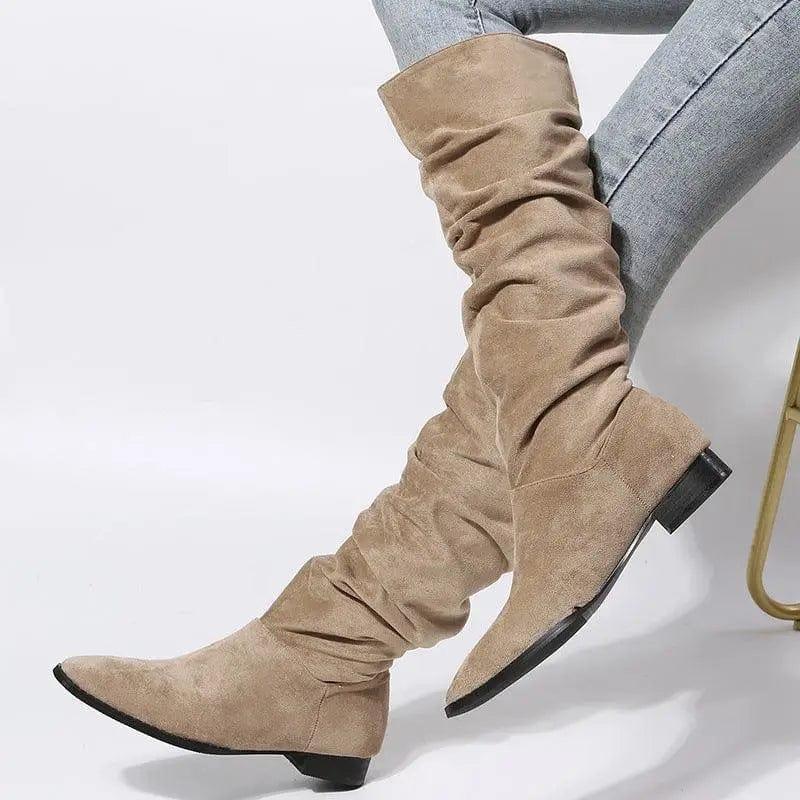 Cheky - Low Heel Boot Women Faux Suede Pointed Toe Boots Pleated