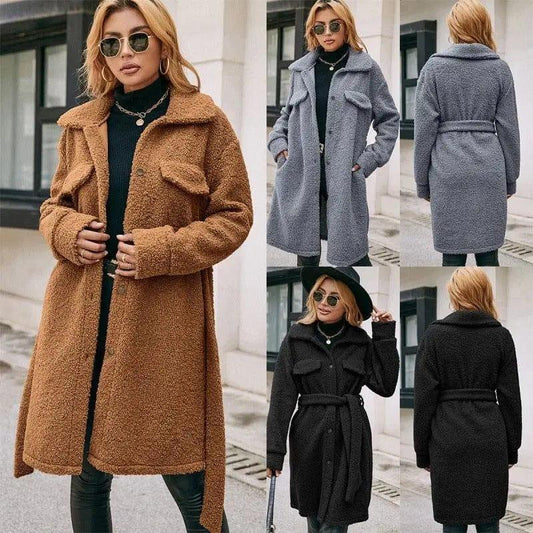 Cheky - Mid Length Lapel Belted Single Breasted Plush Trench Coat