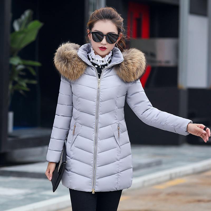 Cheky - Mid-length slim cotton jacket large fur collar down jacket