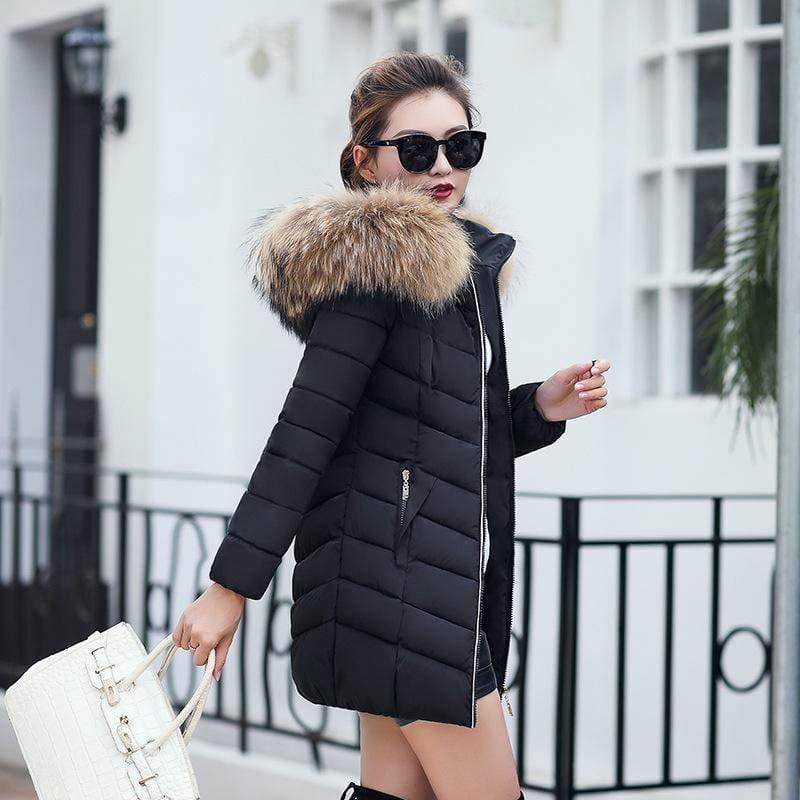 Cheky - Mid-length slim cotton jacket large fur collar down jacket