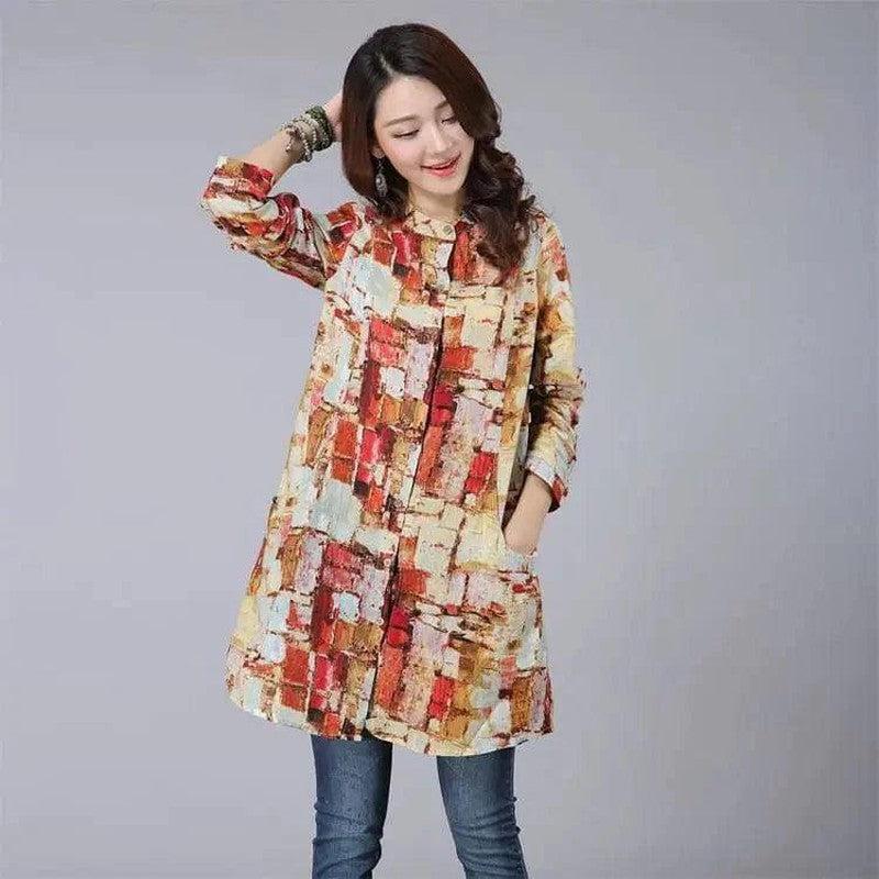 Cheky - Retro Print Long Sleeve Loose Shirt Mid-length Long Sleeve