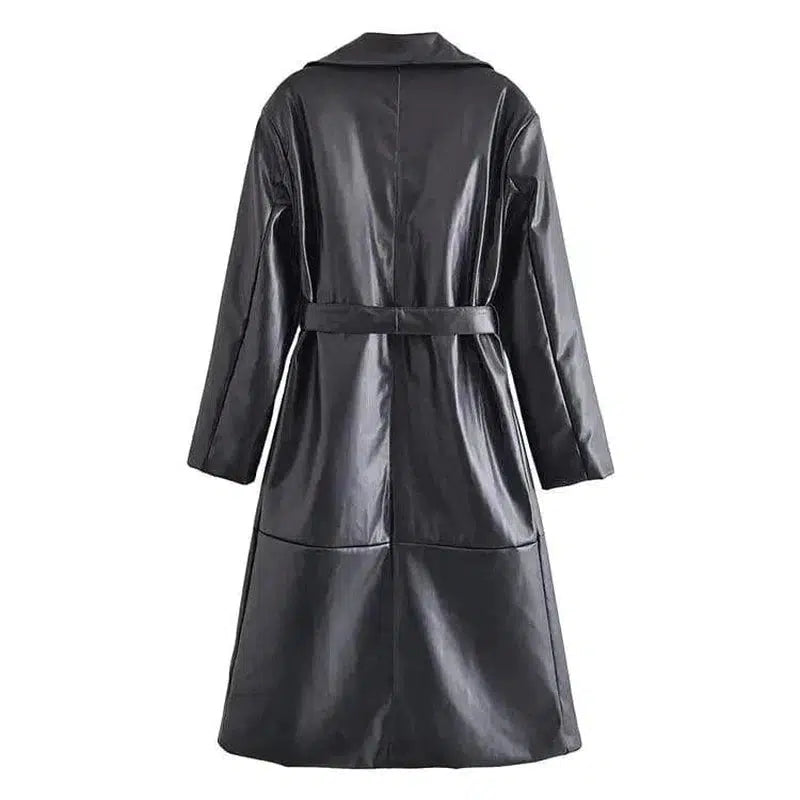 Cheky - Stylish Belted Faux Leather Trench Coat