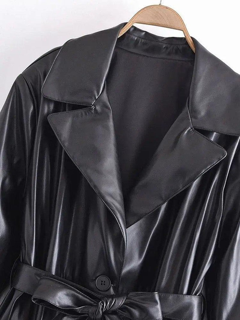 Cheky - Stylish Belted Faux Leather Trench Coat