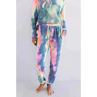 Cheky - Tie-Dye Printed Round Neck Long-Sleeved Casual Suit