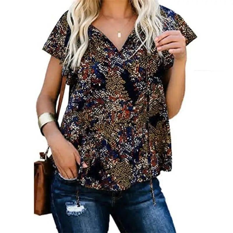 Cheky - Women's Casual Short-sleeved Loose Print V-neck Shirt Top